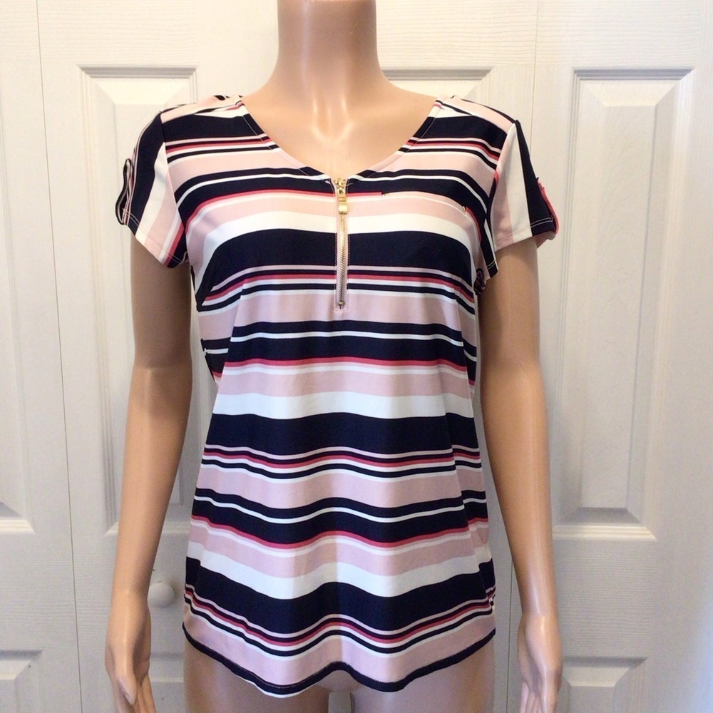 NWOT Roz & Ali Womens Pink/Blue Striped Short Sleeve Quarter Zip Top Size Medium